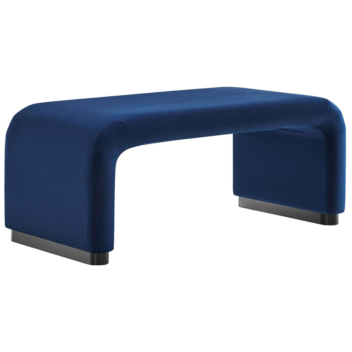 Midnight blue waterfall ottoman in plush performance velvet with smooth rounded lines || EEI-6735-BLK-MID || front_angle_studio