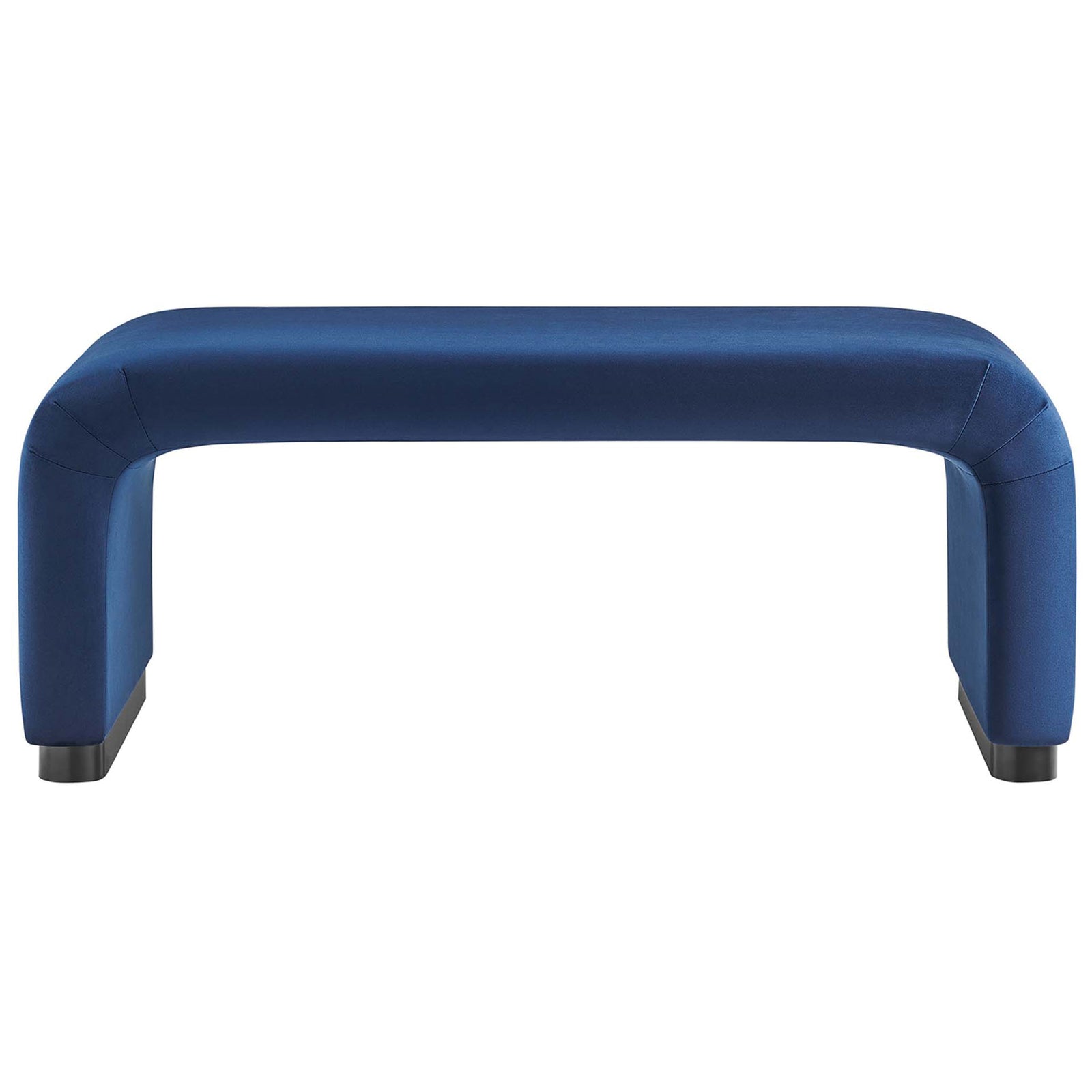 Modern midnight blue waterfall ottoman with open base and softly curved silhouette || EEI-6735-BLK-MID || front_studio