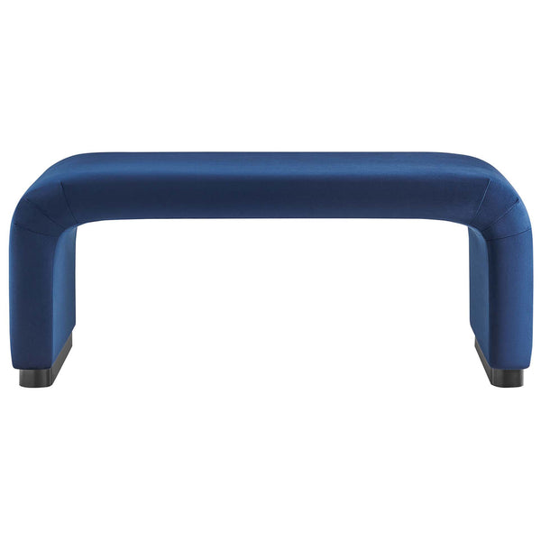 Modern midnight blue waterfall ottoman with open base and softly curved silhouette || EEI-6735-BLK-MID || front_studio
