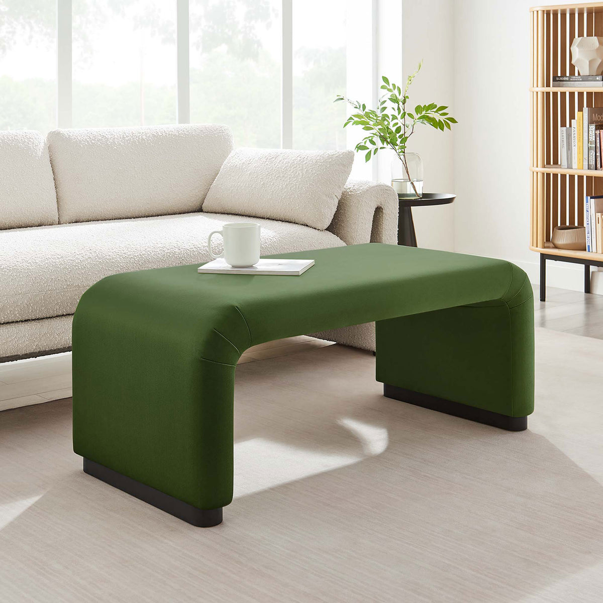 Contemporary living room featuring the black moss green waterfall ottoman paired with a white sofa and airy windows || EEI-6735-BLK-MOS || front_angle_room