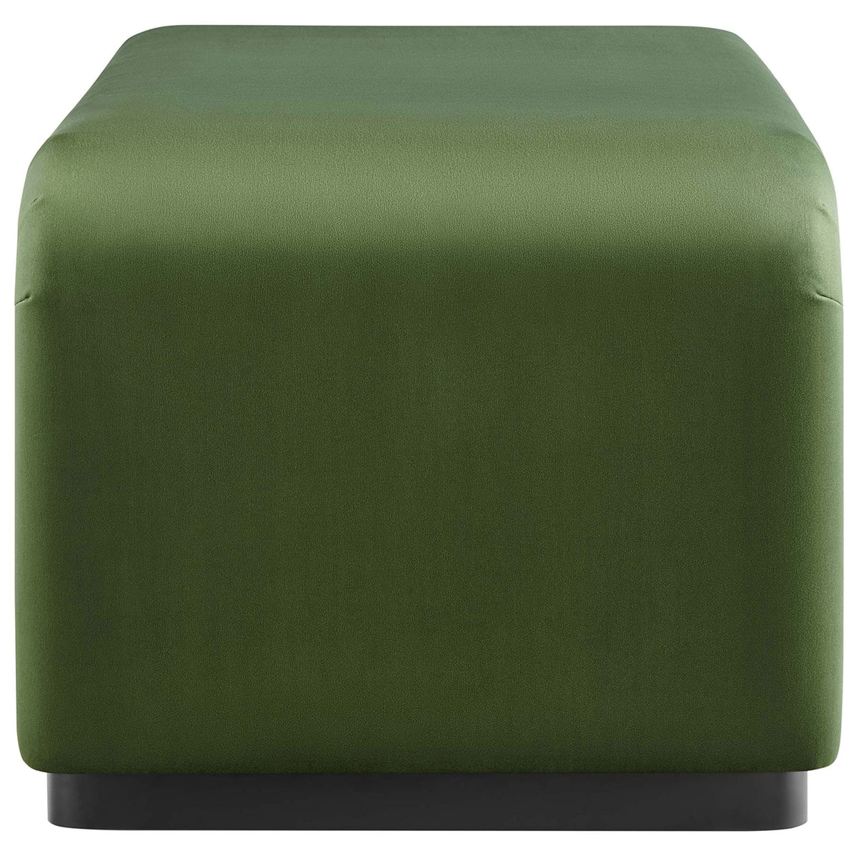 Black moss green performance velvet ottoman showing its slim end and curved waterfall silhouette over a black base || EEI-6735-BLK-MOS || side_studio
