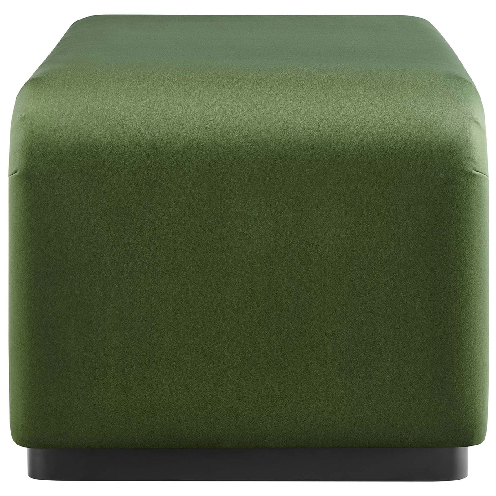 Black moss green performance velvet ottoman showing its slim end and curved waterfall silhouette over a black base || EEI-6735-BLK-MOS || side_studio