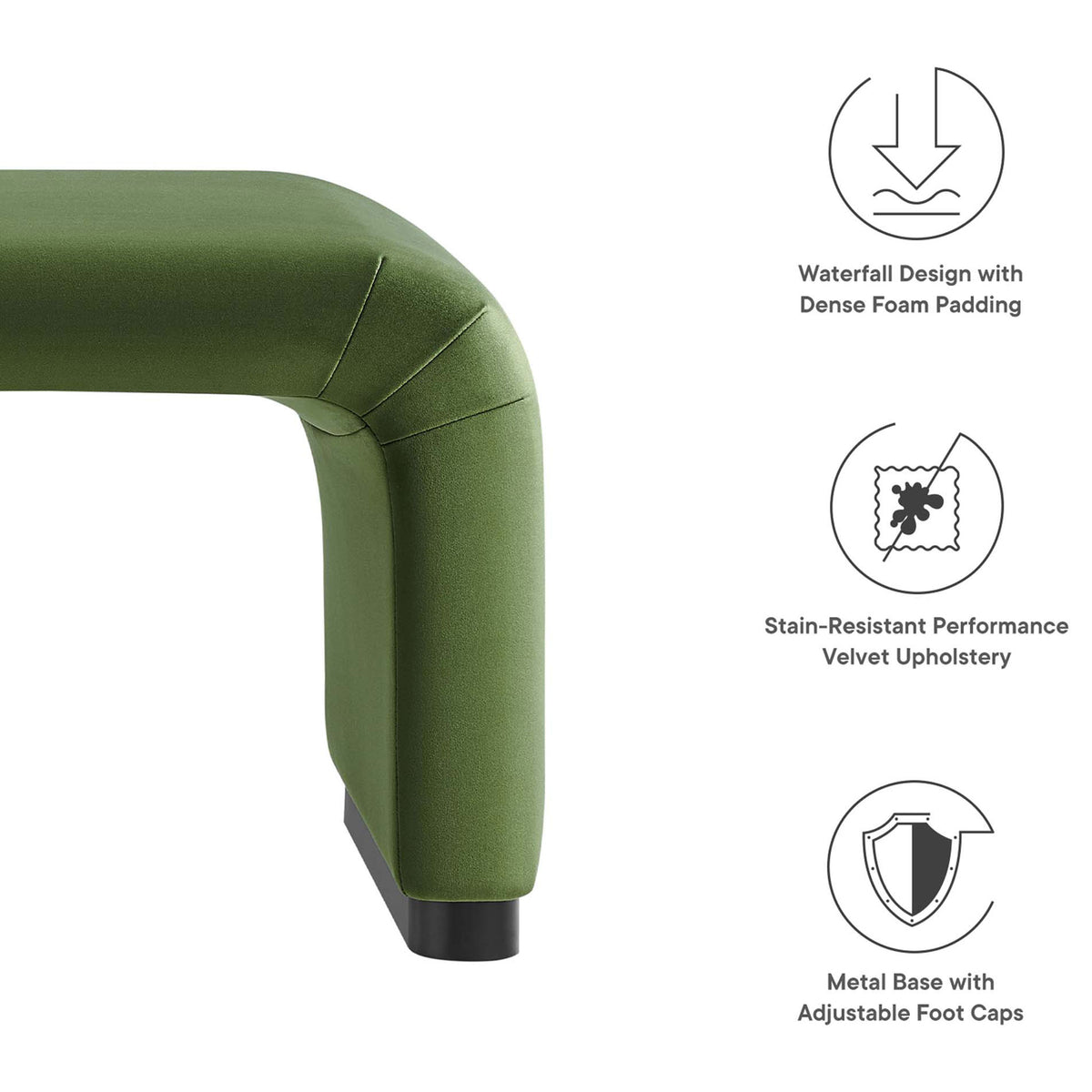 Feature icons highlighting the ottoman's waterfall design, performance velvet upholstery, and metal base with foot caps || EEI-6735-BLK-MOS || callout_studio