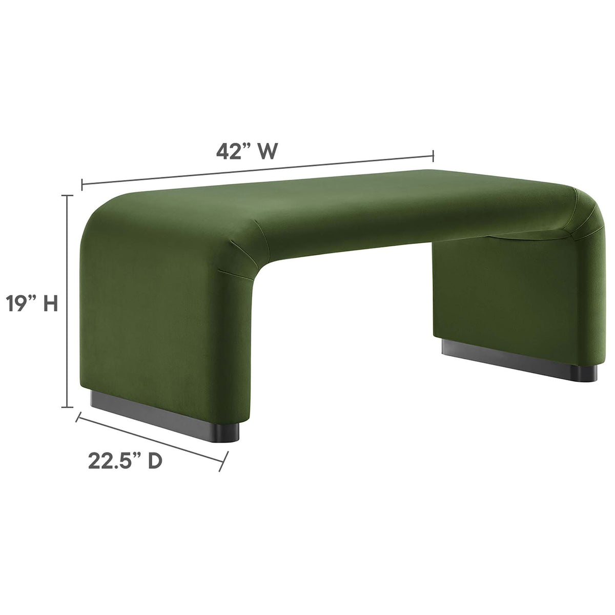 Dimension diagram of the black moss green waterfall ottoman showing 42 inch width, 22.5 inch depth, and 19 inch height || EEI-6735-BLK-MOS || dimension_studio