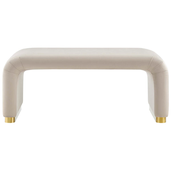 Koda performance velvet waterfall ottoman in soft almond with sleek brass base for modern glam seating || EEI-6735-BRA-ALM || front_studio