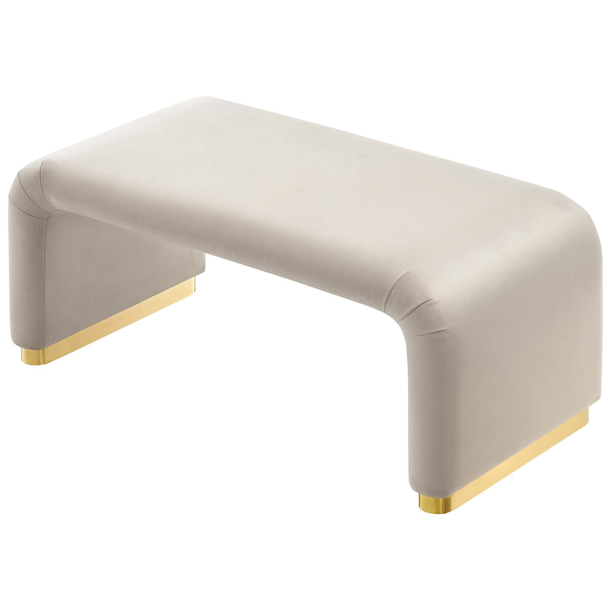 Overhead look at Koda waterfall ottoman highlighting the generous bench seat and smooth, seamless velvet curves || EEI-6735-BRA-ALM || top_angle_studio