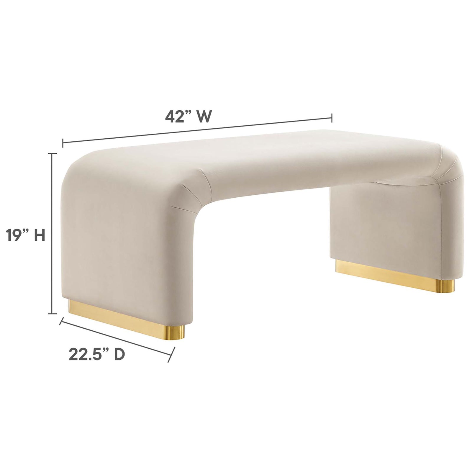 Size diagram of Koda waterfall ottoman showing 42 inch width, 22.5 inch depth, and 19 inch height || EEI-6735-BRA-ALM || dimension_studio