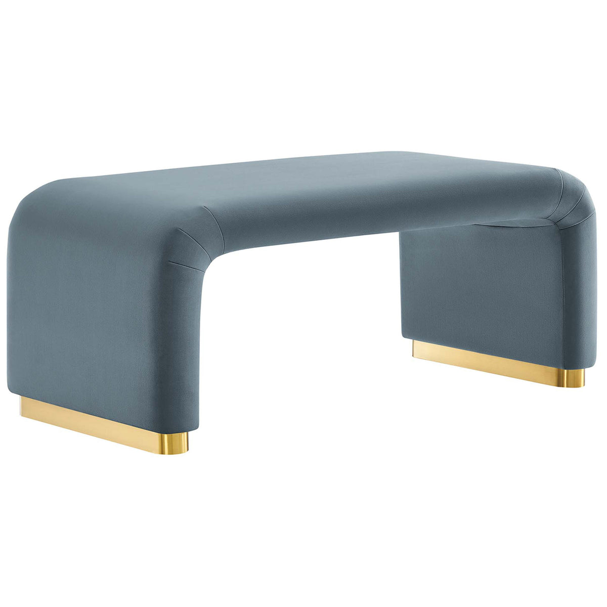 Streamlined Koda waterfall ottoman in performance velvet showcases its smooth curves and luxe brass base. || EEI-6735-BRA-CAB || front_angle_studio