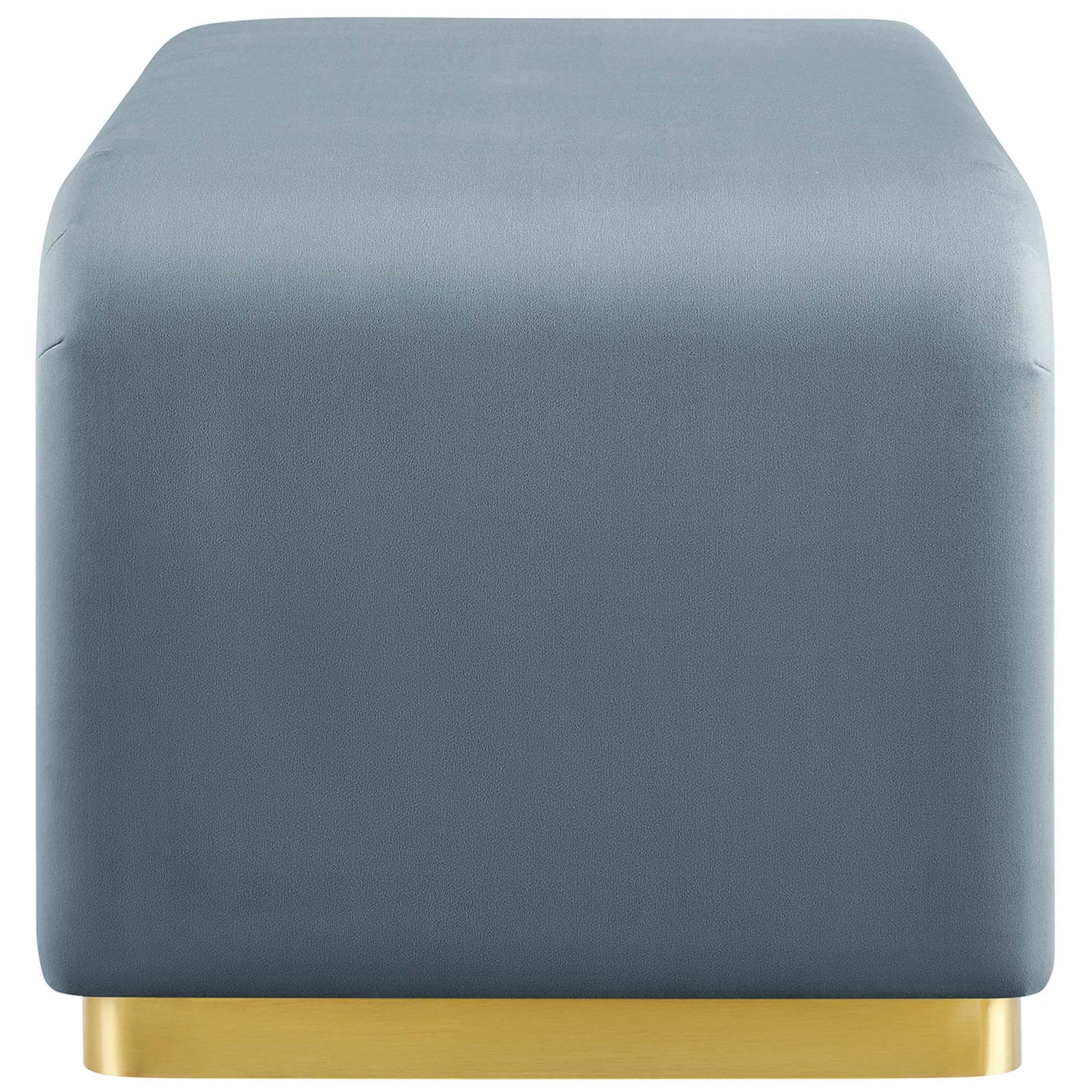 Waterfall ottoman profile emphasizes the plush cadet blue velvet and solid brass-finished base. || EEI-6735-BRA-CAB || side_studio