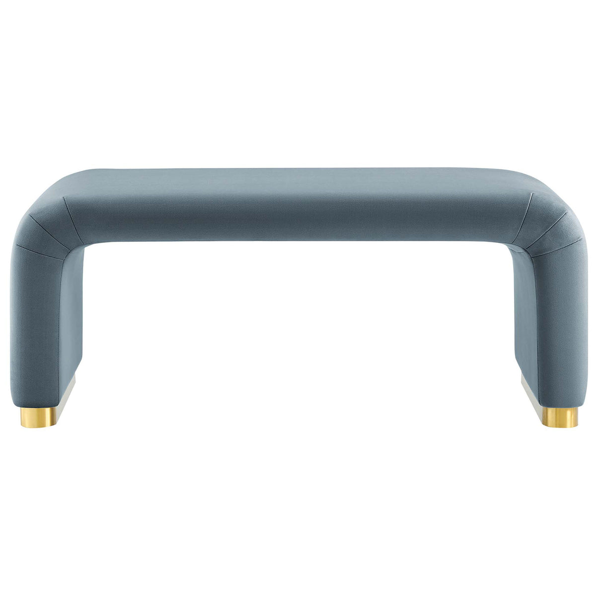 Cadet blue velvet waterfall ottoman with brass base brings modern elegance to any living space. || EEI-6735-BRA-CAB || front_studio
