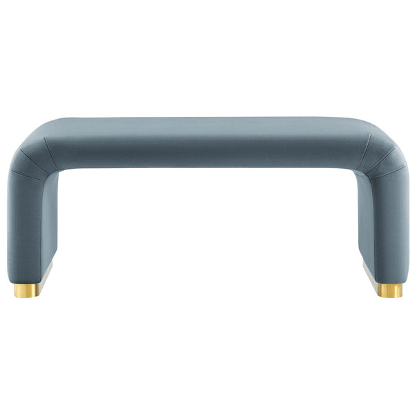 Cadet blue velvet waterfall ottoman with brass base brings modern elegance to any living space. || EEI-6735-BRA-CAB || front_studio