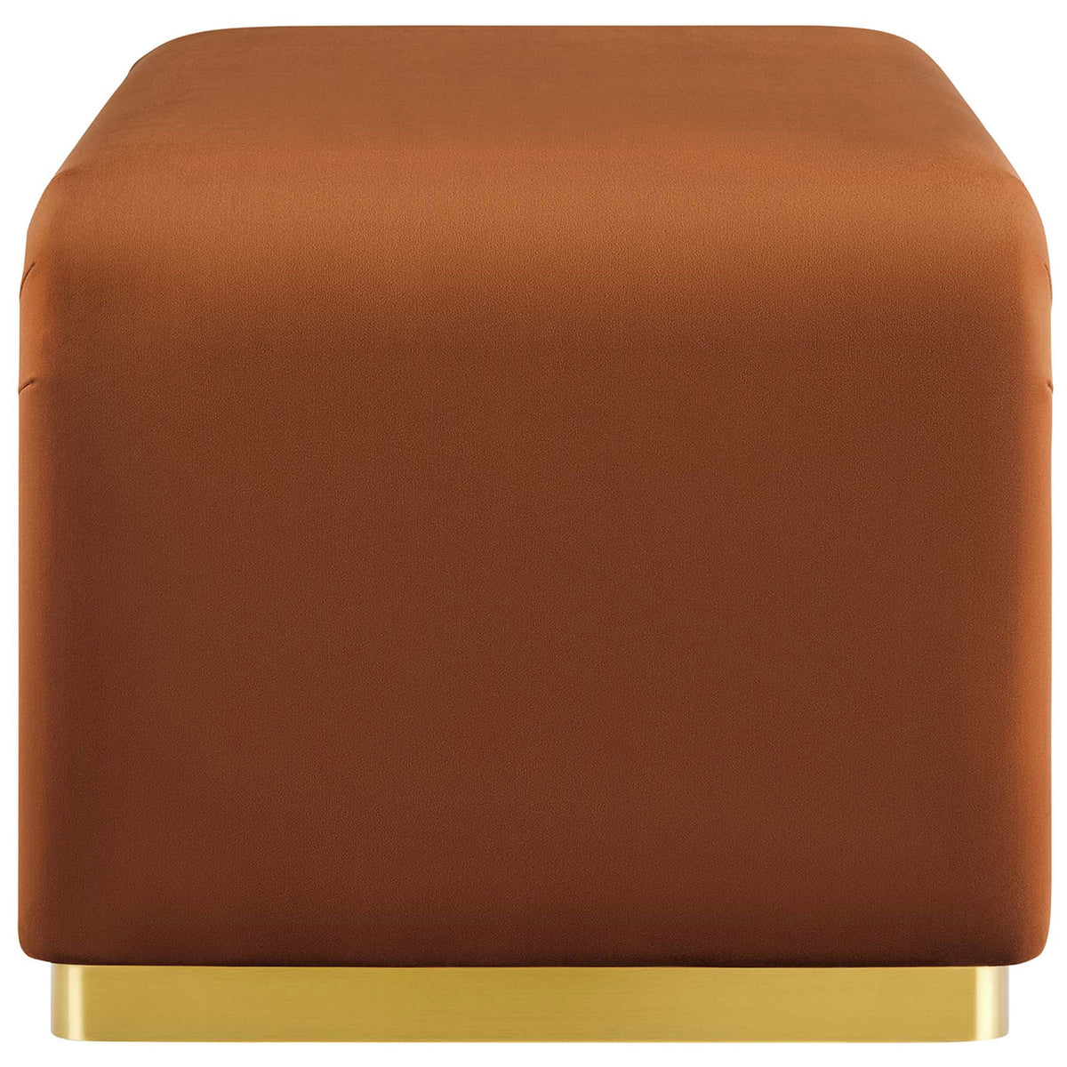 End profile of the brass rust velvet ottoman highlighting plush padding and sleek brass-toned base || EEI-6735-BRA-RUS || side_studio