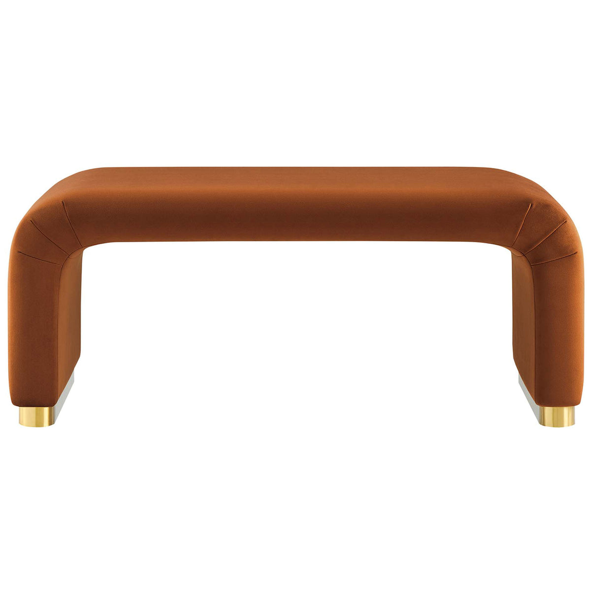 Wide waterfall ottoman in rich brass rust velvet with smooth seat and rounded corners on a metal base || EEI-6735-BRA-RUS || front_studio