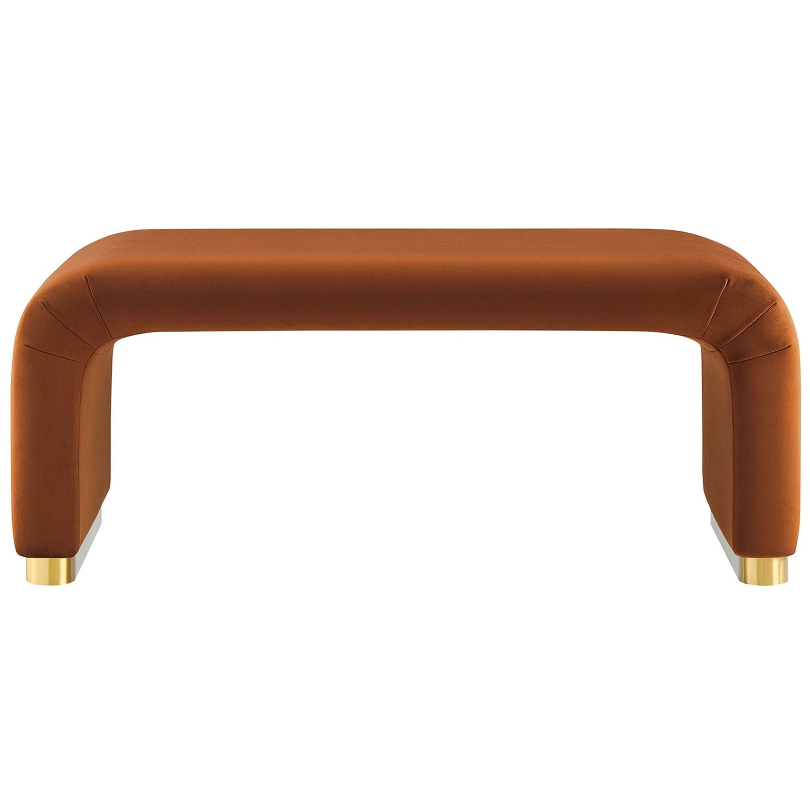 Wide waterfall ottoman in rich brass rust velvet with smooth seat and rounded corners on a metal base || EEI-6735-BRA-RUS || front_studio