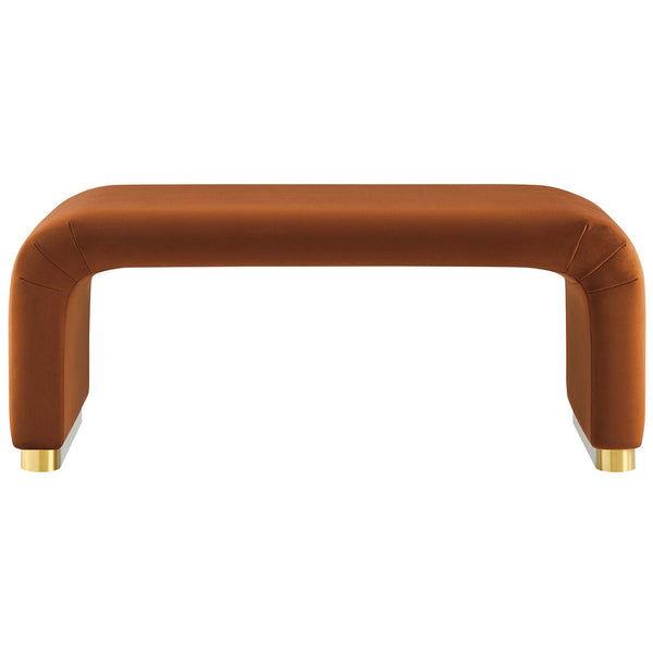 Wide waterfall ottoman in rich brass rust velvet with smooth seat and rounded corners on a metal base || EEI-6735-BRA-RUS || front_studio