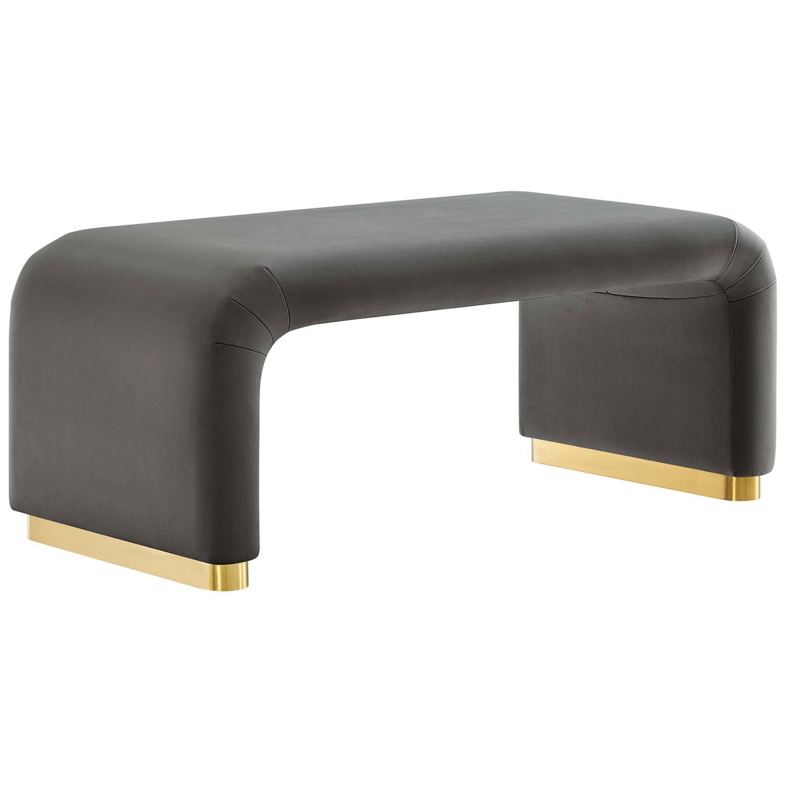 Curved storm gray velvet waterfall ottoman with brass base showcases fluid lines and plush cushioned comfort || EEI-6735-BRA-STG || front_angle_studio