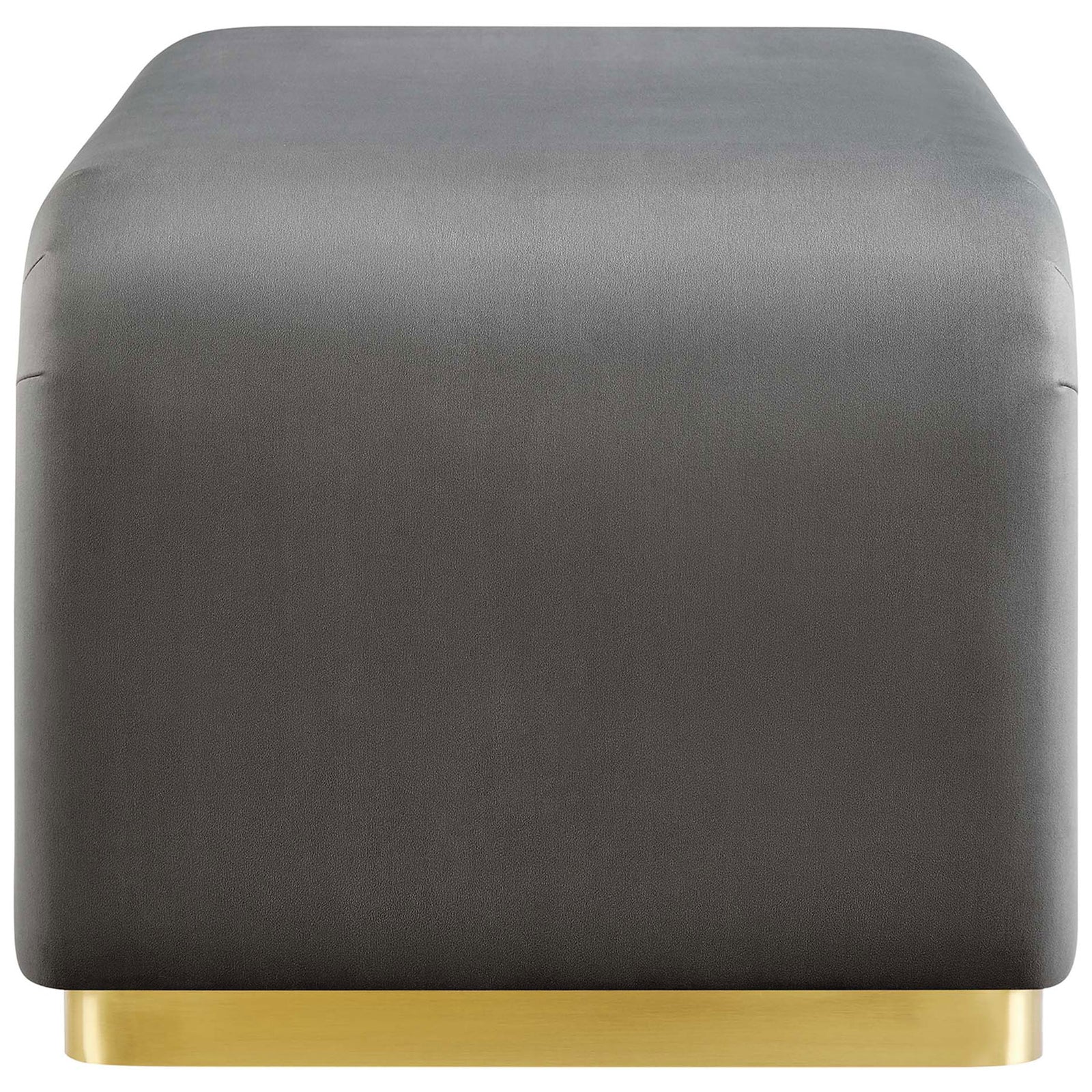 Sleek gray performance velvet ottoman end capped with a bold brass base for a refined contemporary look || EEI-6735-BRA-STG || side_studio