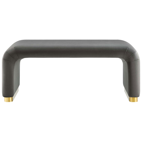 Storm gray performance velvet waterfall ottoman with brass base brings sleek modern style to your living room || EEI-6735-BRA-STG || front_studio