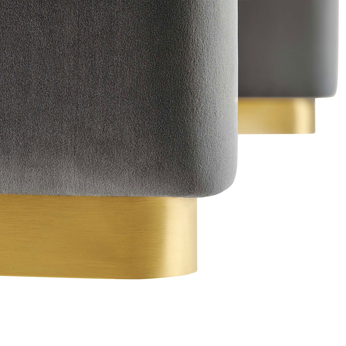 Soft gray velvet and smooth brass base highlight the ottoman's sturdy waterfall foundation || EEI-6735-BRA-STG || leg_studio
