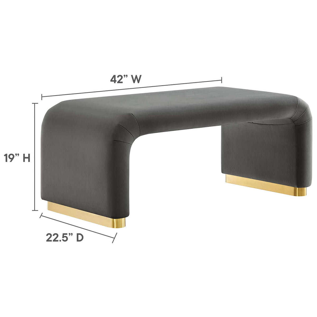 Dimension diagram of the gray waterfall ottoman showing 42 inch width, 22.5 inch depth, and 19 inch height || EEI-6735-BRA-STG || dimension_studio