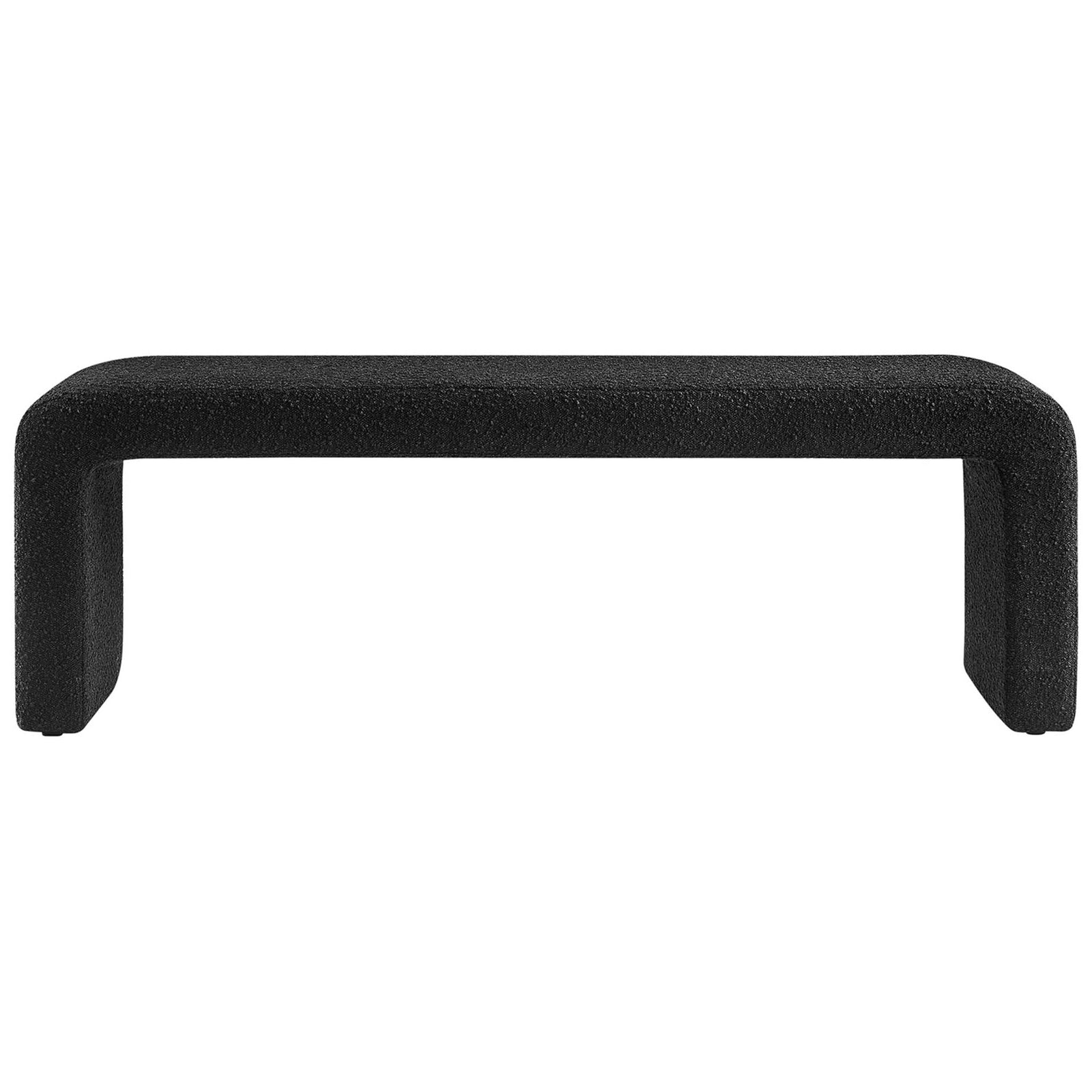 Black boucle waterfall bench with plush foam seat and smooth curved edges for modern versatility || EEI-6736-BLK || front_studio