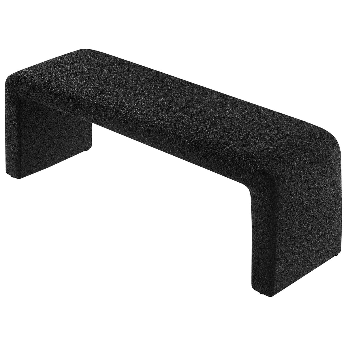 Streamlined long bench in rich black boucle upholstery with gentle arches and inviting comfort || EEI-6736-BLK || top_angle_studio