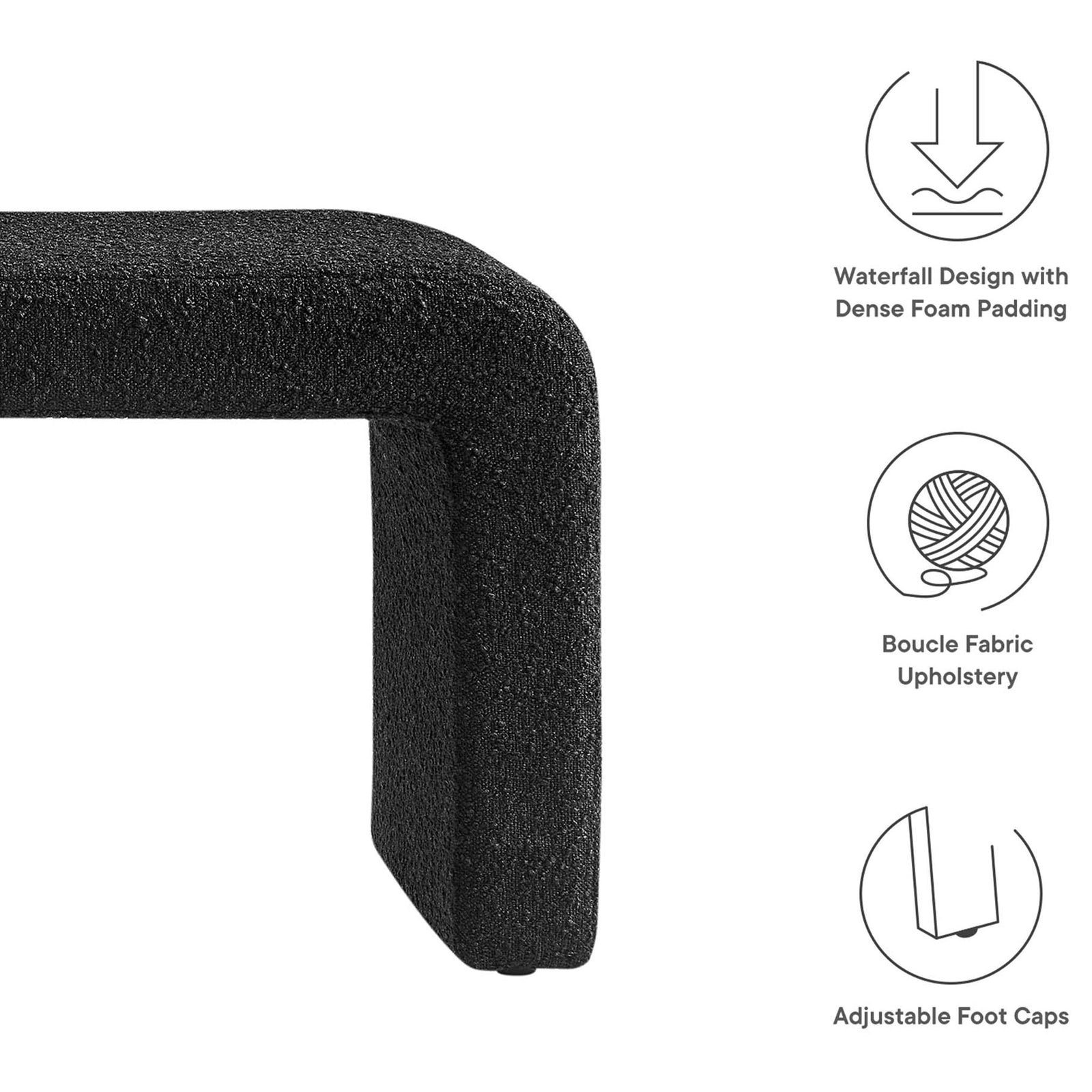 Waterfall design, dense foam comfort, boucle upholstery, and adjustable foot caps for floor protection || EEI-6736-BLK || callout_studio