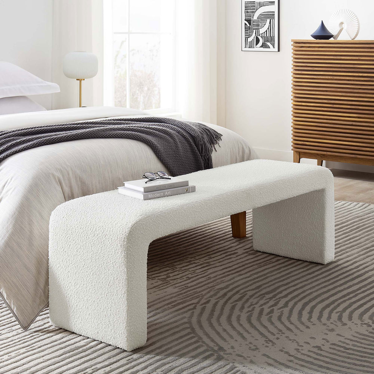 Ivory boucle waterfall bench adds soft texture at the foot of the bed for a warm, modern accent || EEI-6736-IVO || front_angle_room