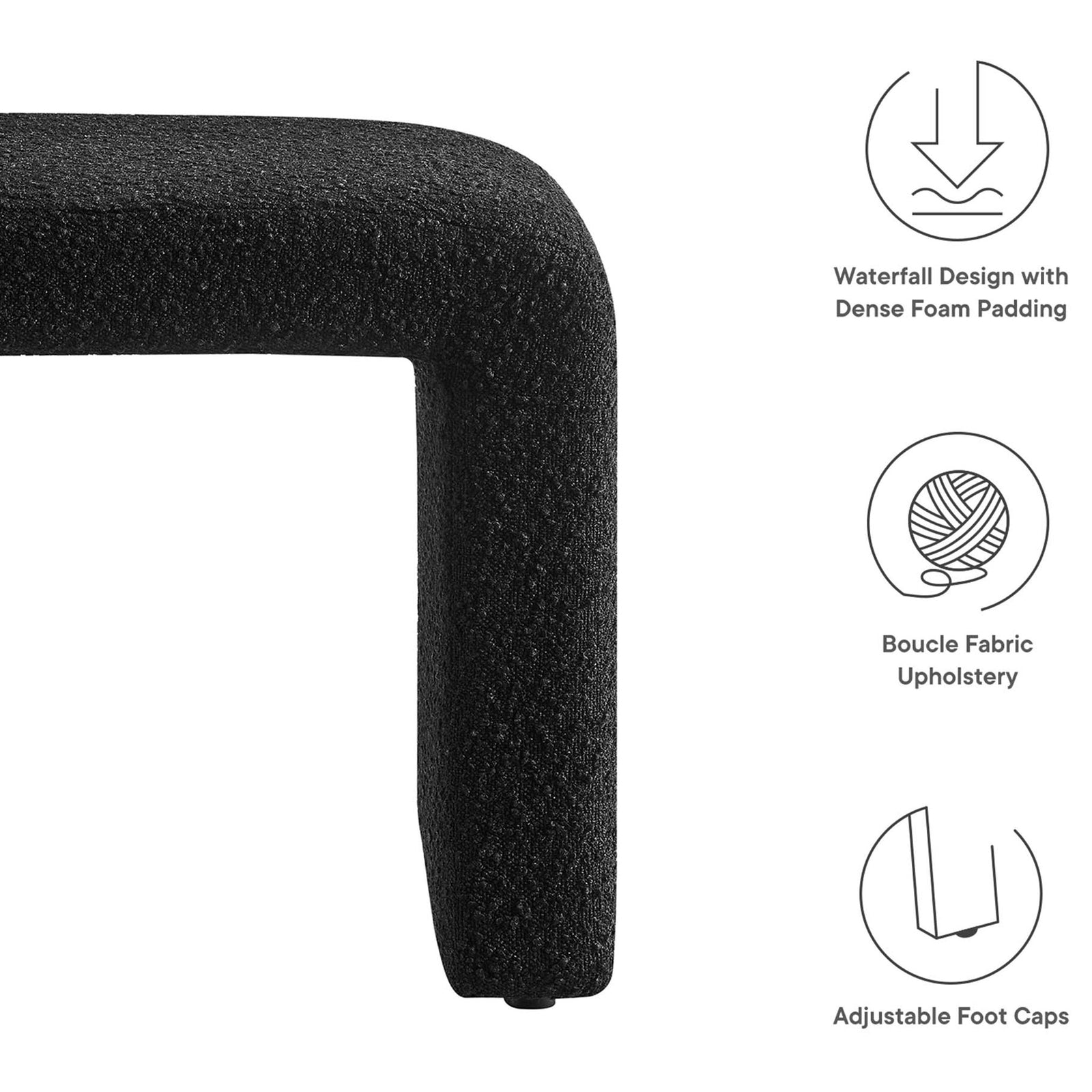 Waterfall design in black boucle with dense foam comfort and protective adjustable foot caps || EEI-6737-BLK || callout_studio