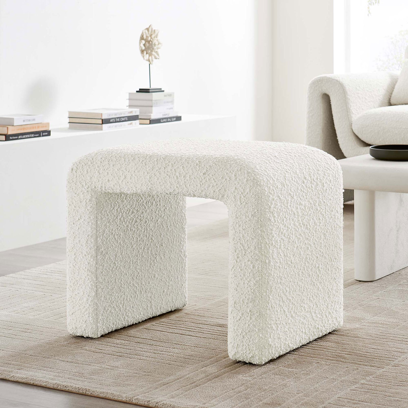 Versatile boucle stool doubles as an accent table, pairing effortlessly with contemporary decor || EEI-6737-IVO || front_angle_room