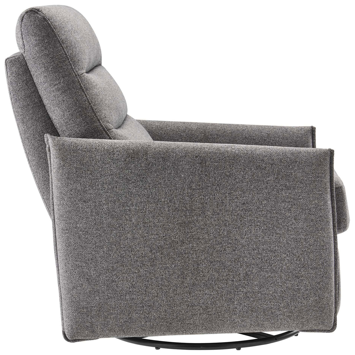 Streamlined armchair profile with thin track arms and plush seat on a stable circular glider base || EEI-6738-GRY || side_studio