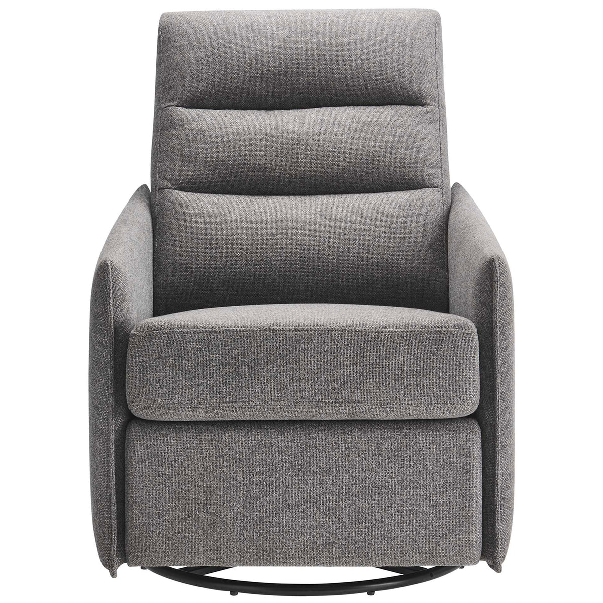 Modern light gray fabric lounge chair with channel-tufted back, slim arms, and smooth swivel-glider base || EEI-6738-GRY || front_studio