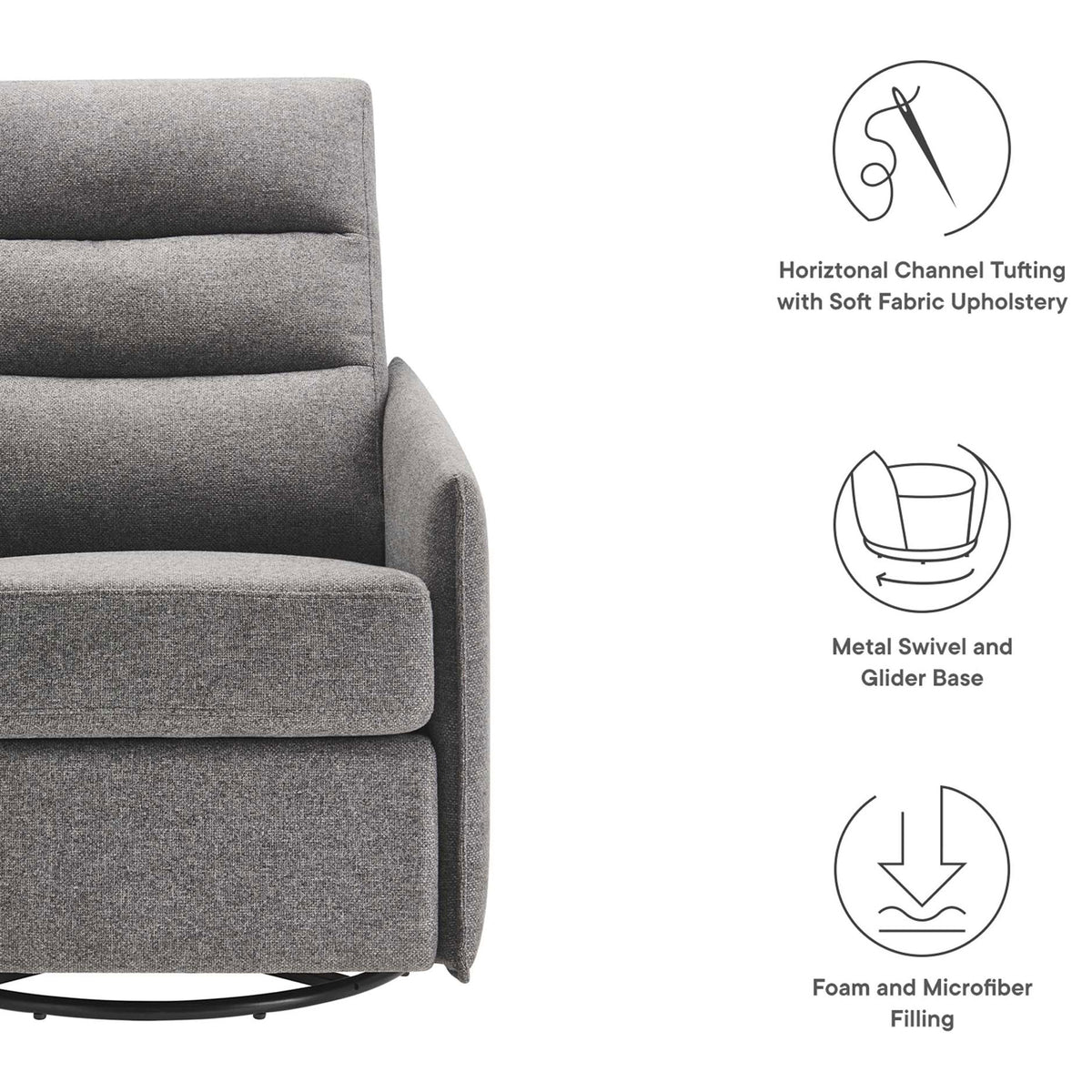 Thoughtful details: soft fabric, channel tufting, and cushioned support on a metal swivel-glider base || EEI-6738-GRY || callout_studio