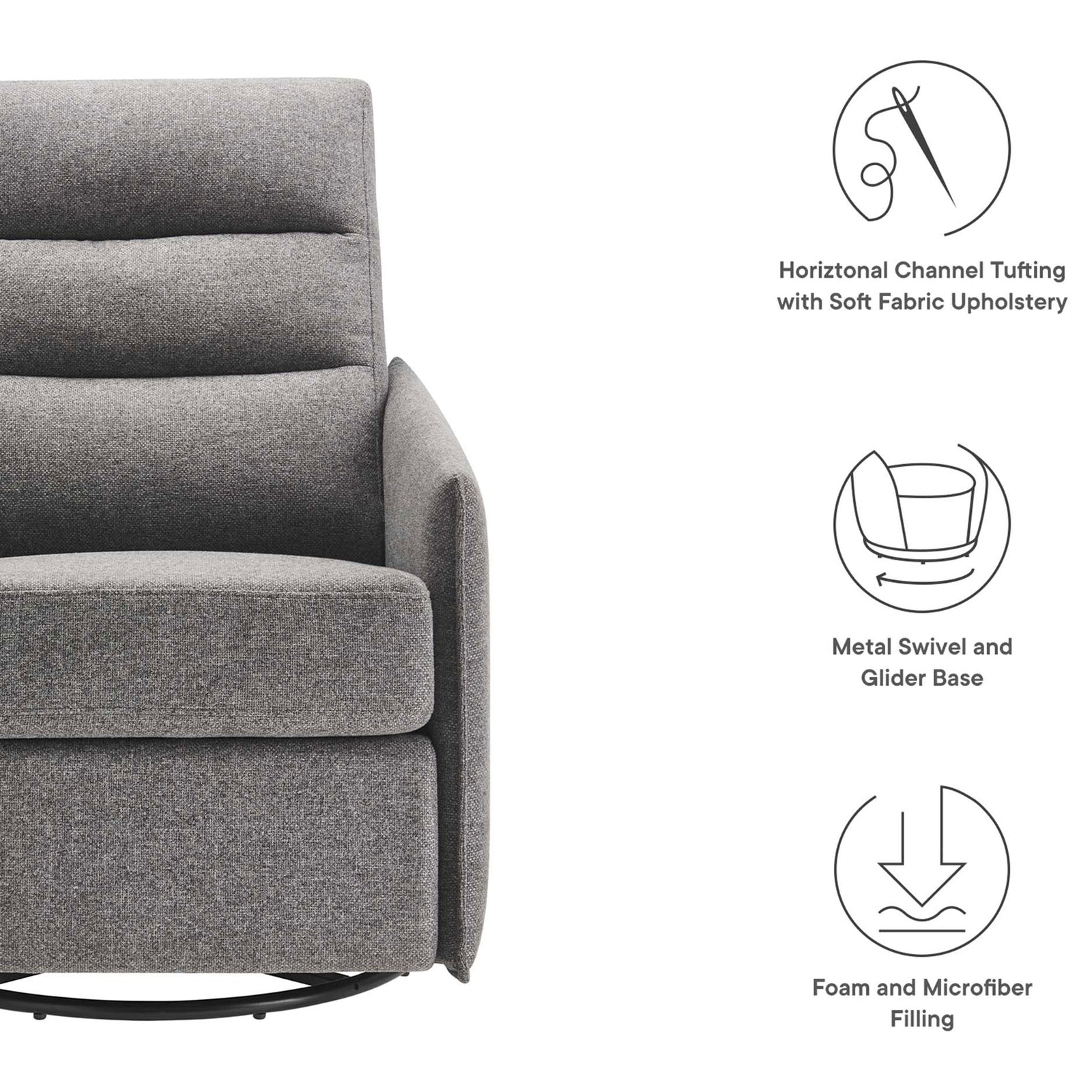 Thoughtful details: soft fabric, channel tufting, and cushioned support on a metal swivel-glider base || EEI-6738-GRY || callout_studio