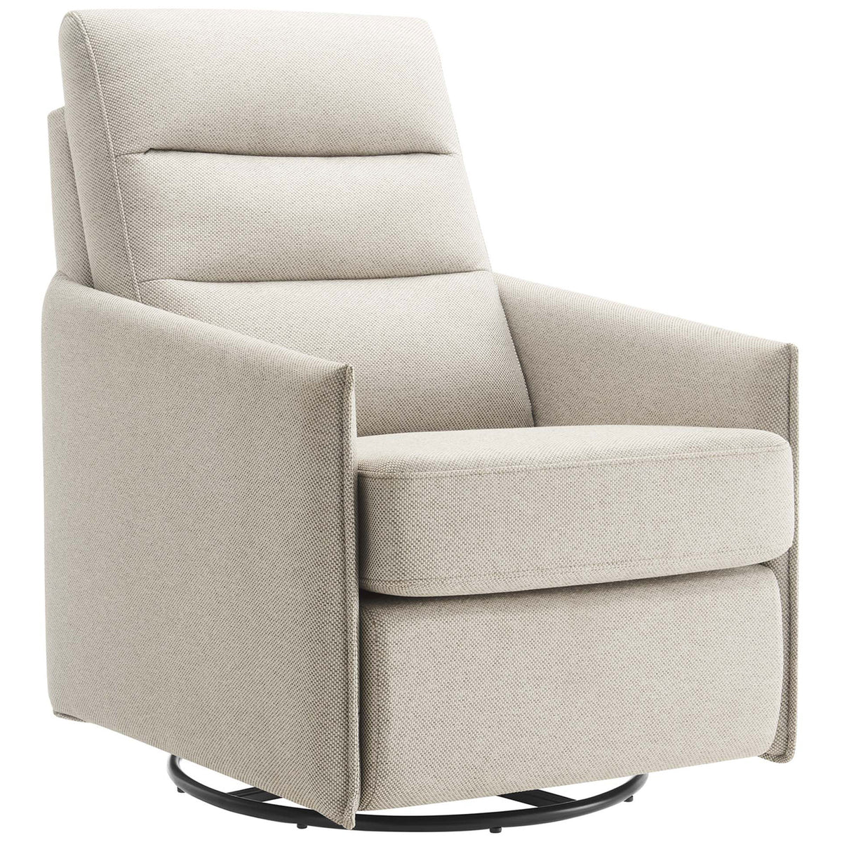Modern lounge chair in oatmeal fabric with channel tufted back and slim arms on a smooth swivel glider base || EEI-6738-OAT || front_angle_studio