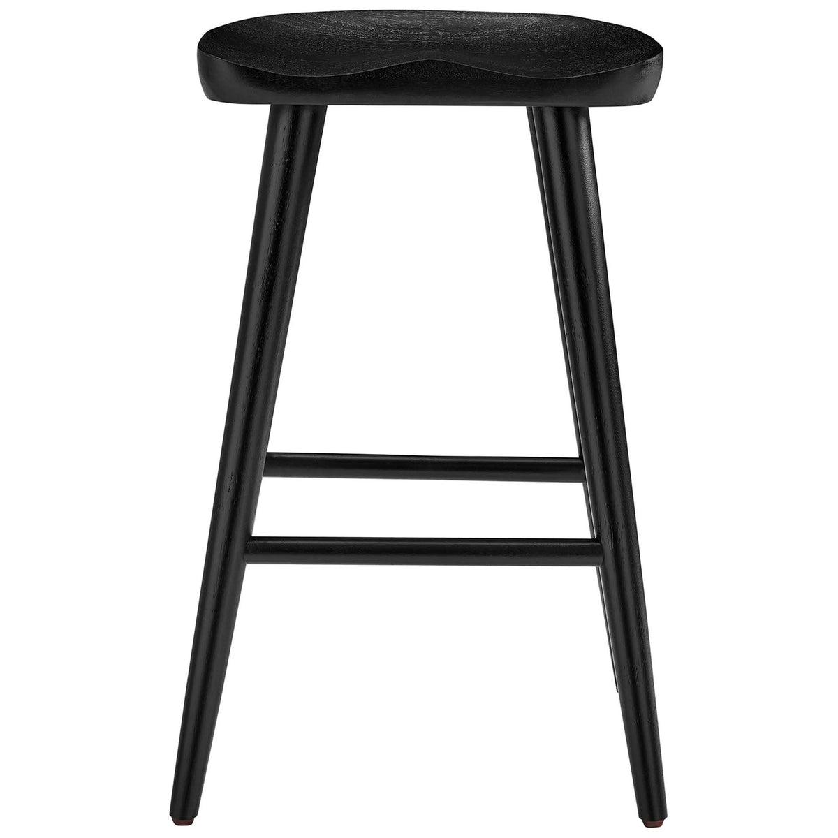 Saddle-seat counter stool in solid black mango wood with splayed tapered legs and dual footrests. || EEI-6739-BLK || front_studio
