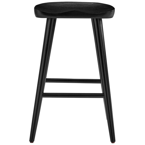 Saddle-seat counter stool in solid black mango wood with splayed tapered legs and dual footrests. || EEI-6739-BLK || front_studio