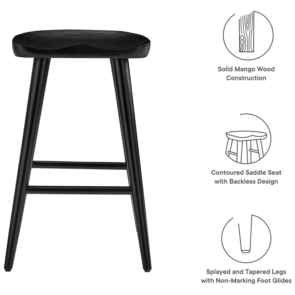 Key features include solid mango wood, contoured saddle seat, and tapered legs with glides. || EEI-6739-BLK || callout_studio