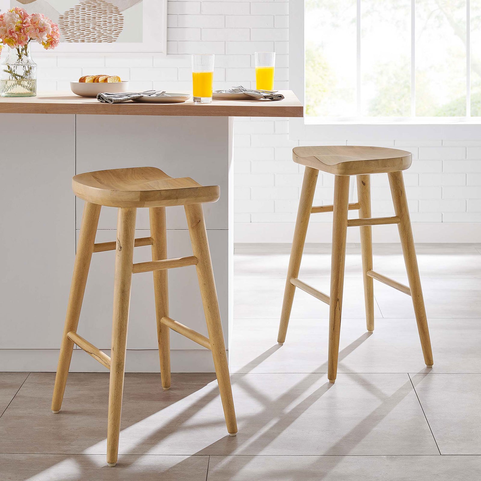 Pair of counter stools brings warm natural wood tone to a modern kitchen island || EEI-6739-OAK || front_angle_multi_room