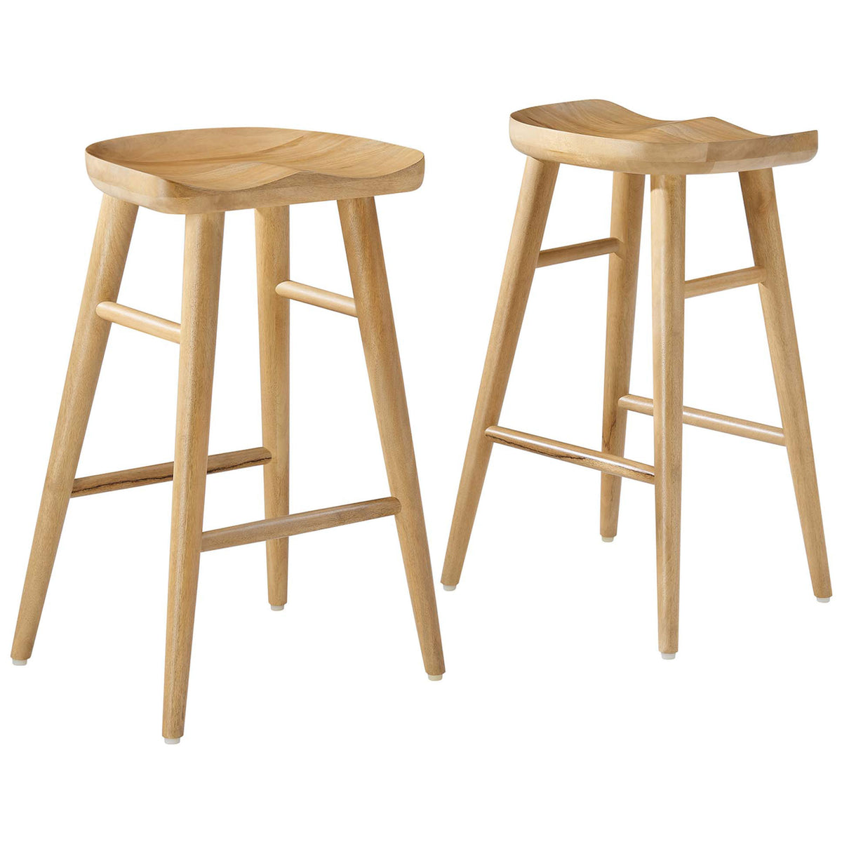 Set of two counter stools in solid mango wood with contoured seats and splayed legs || EEI-6739-OAK || front_angle_multi_studio