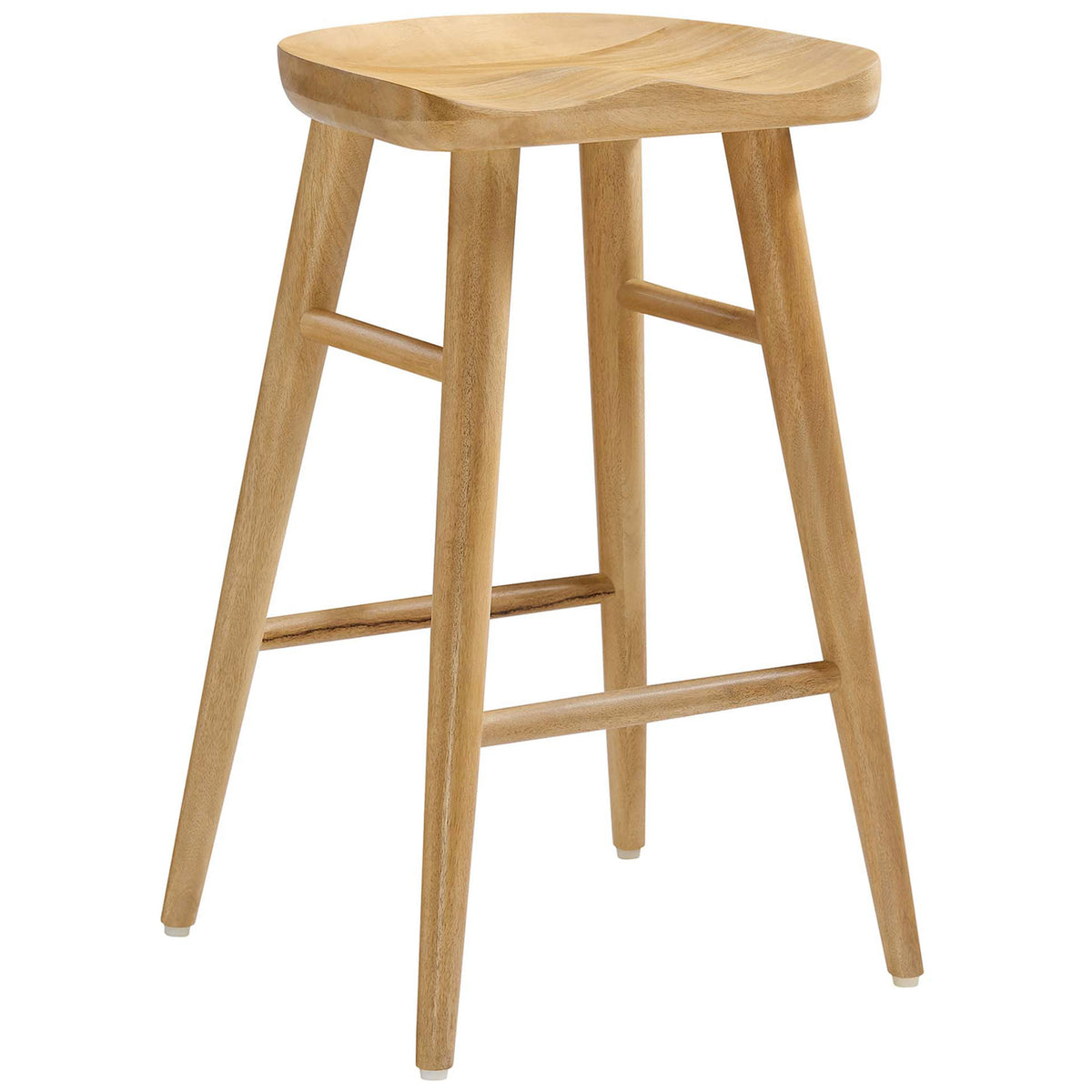 Sleek counter-height stool featuring a sculpted saddle seat and splayed legs with footrests || EEI-6739-OAK || front_angle_studio