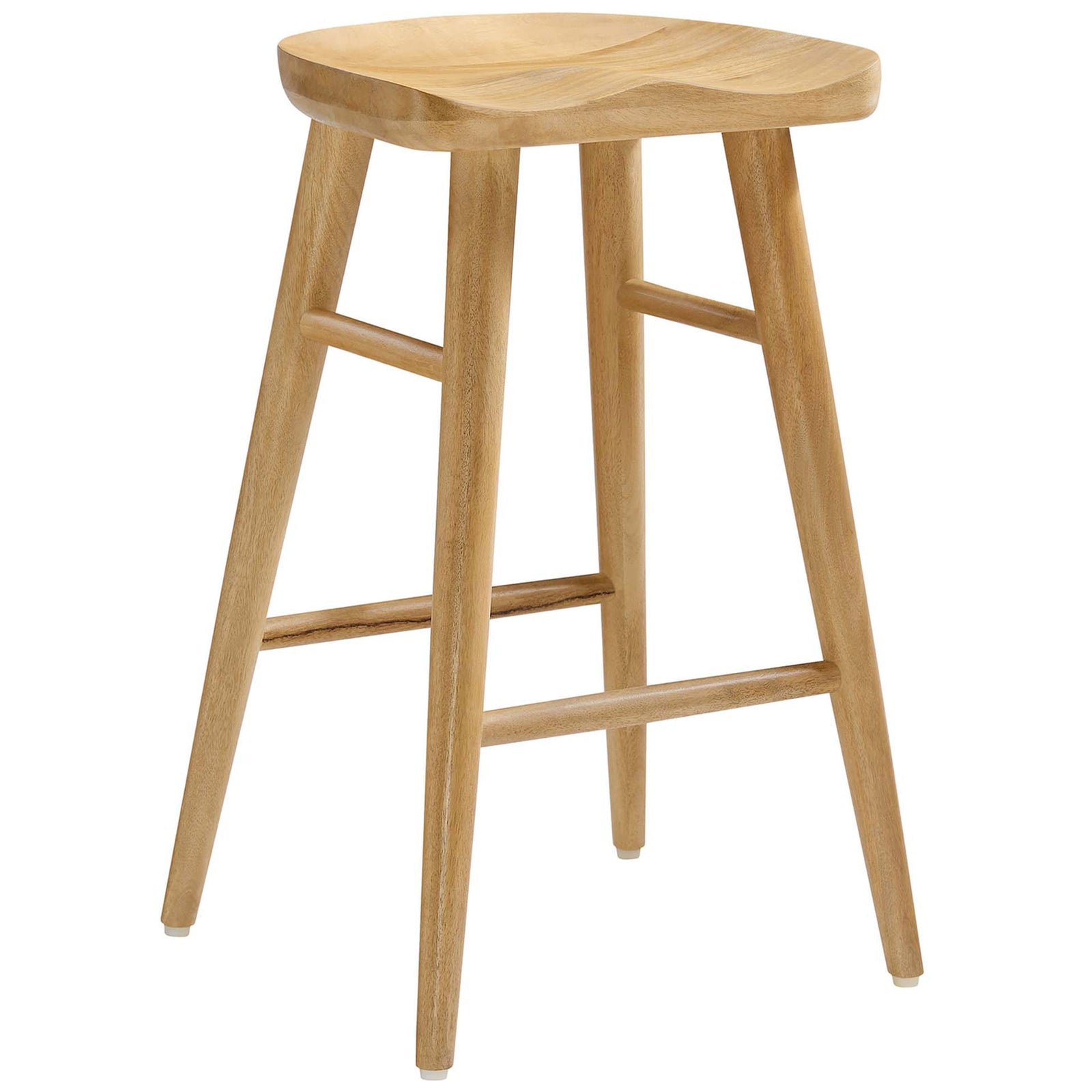 Sleek counter-height stool featuring a sculpted saddle seat and splayed legs with footrests || EEI-6739-OAK || front_angle_studio