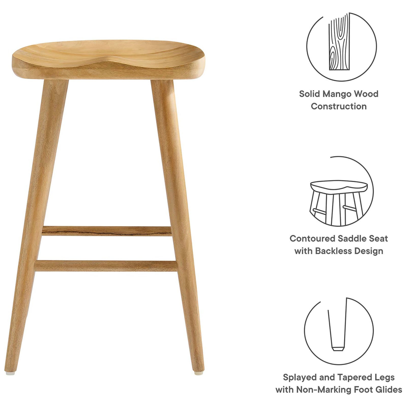 Key features: solid mango wood, saddle seat, tapered legs, and protective foot glides || EEI-6739-OAK || callout_studio
