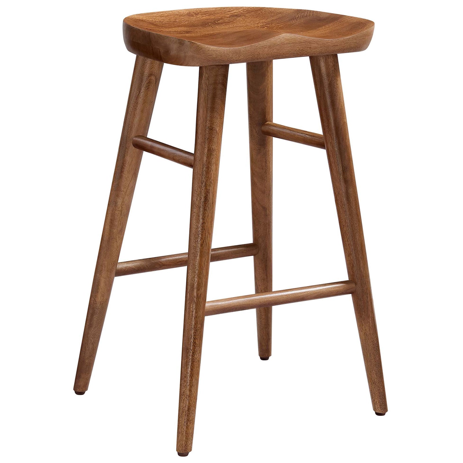 Walnut mango wood counter stool with a sculpted saddle seat and splayed tapered legs || EEI-6739-WAL || front_angle_studio