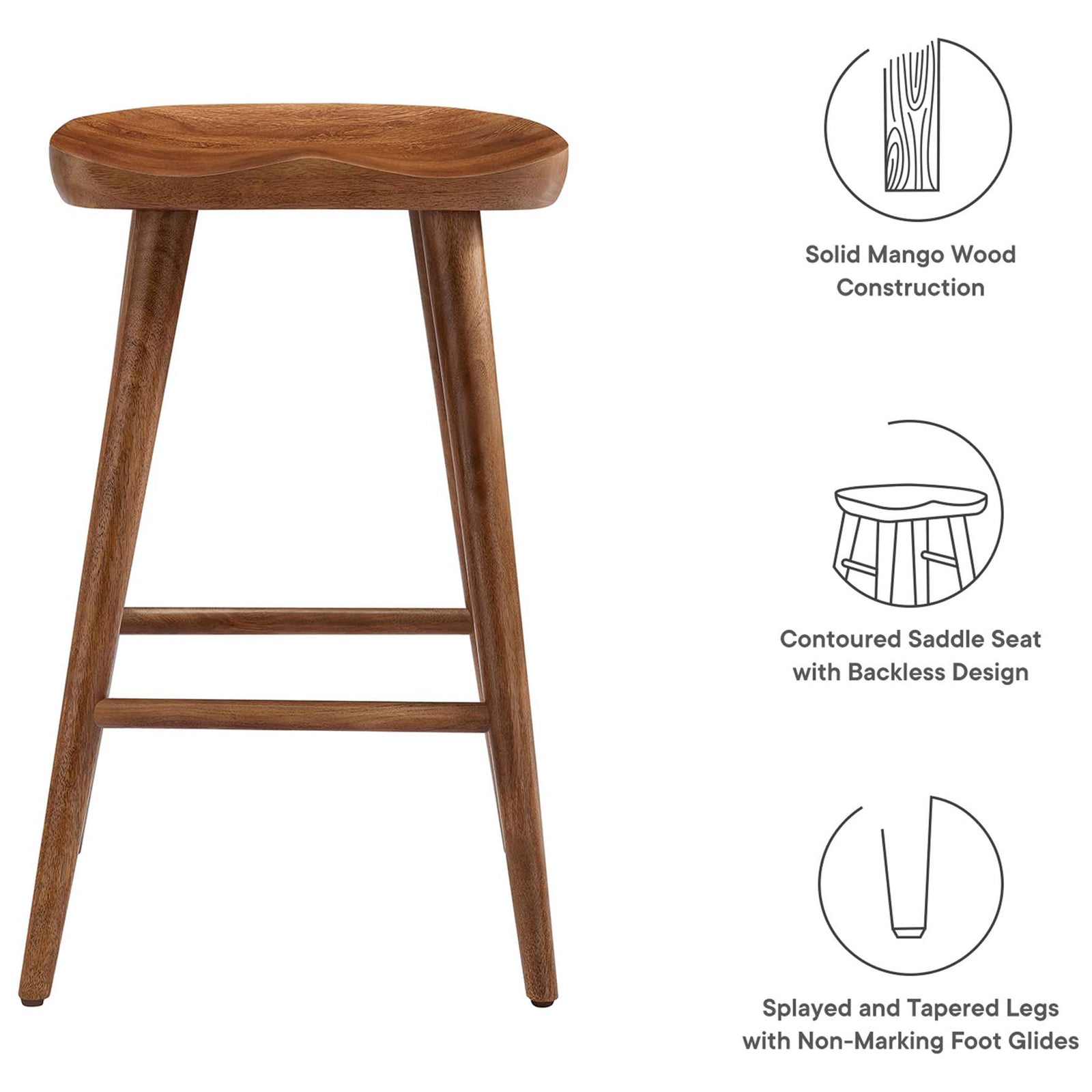 Solid mango wood construction with backless saddle seat and non-marking foot glides || EEI-6739-WAL || callout_studio