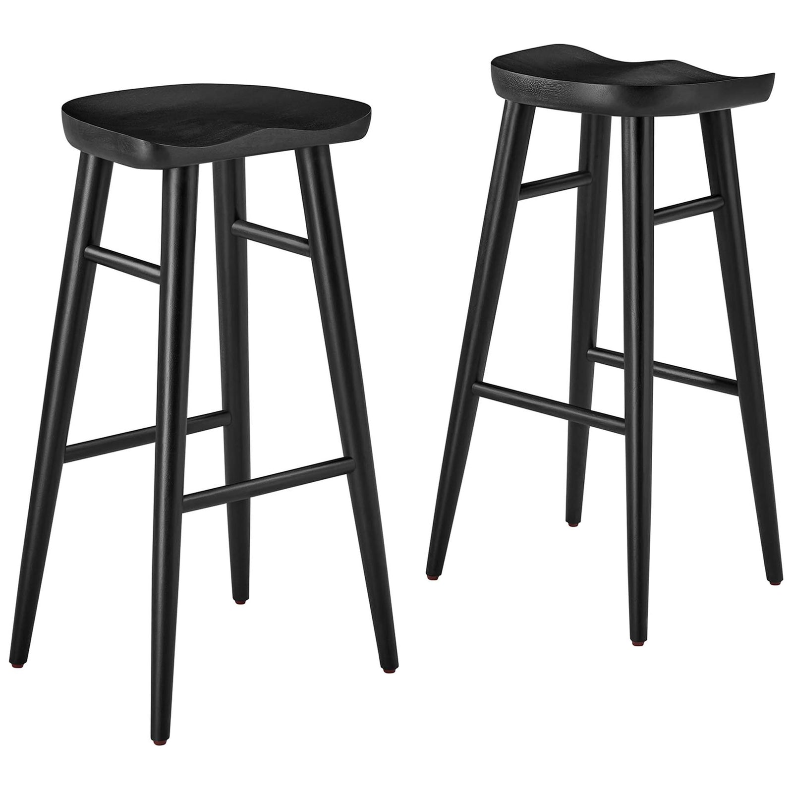 Set of two bar stools with contoured seats and splayed legs in matte black wood. || EEI-6740-BLK || front_angle_multi_studio
