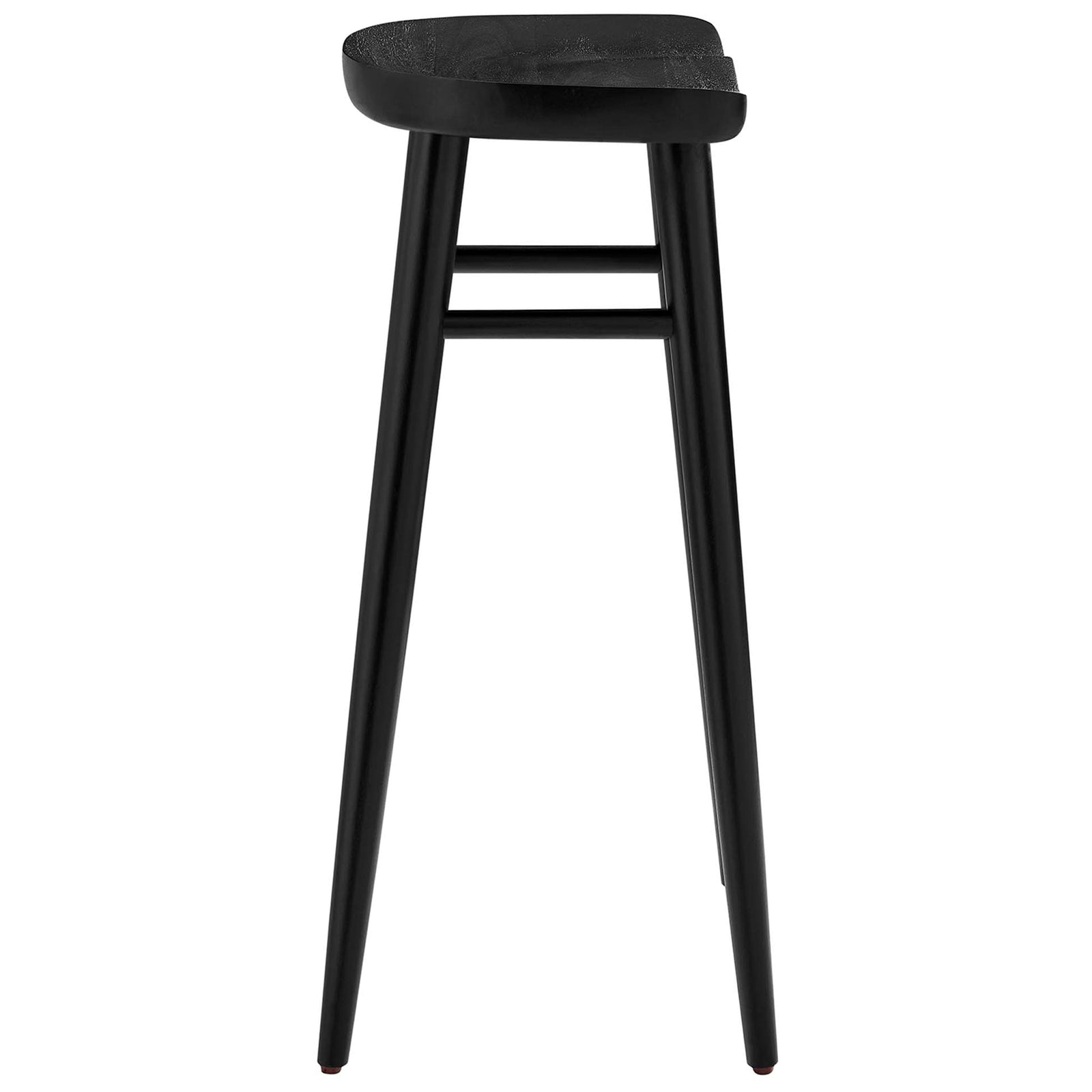 Streamlined bar stool profile with tapered legs and a smooth saddle seat. || EEI-6740-BLK || side_studio