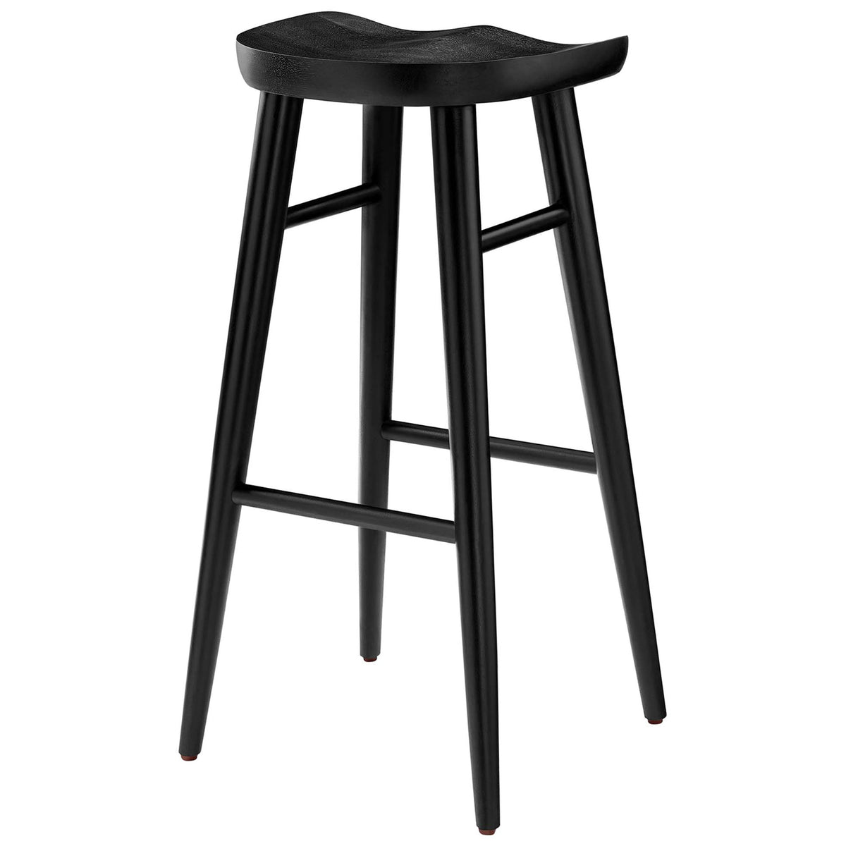 Modern bar stool featuring a scooped seat and sturdy stretchers for support. || EEI-6740-BLK || front_angle_studio