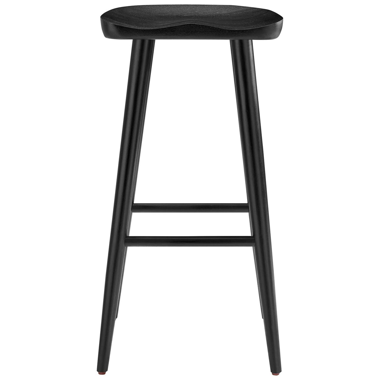 Saddle-seat bar stool in solid black mango wood with splayed tapered legs and dual footrests. || EEI-6740-BLK || front_studio