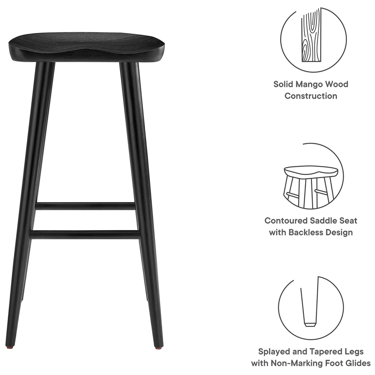 Feature highlights include solid mango wood, a contoured saddle seat, and tapered legs with protective glides. || EEI-6740-BLK || callout_studio